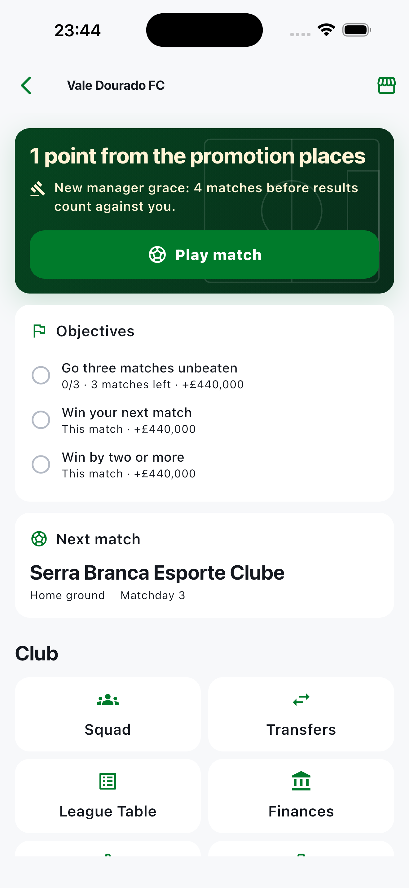 Current Simfooty club hub with objectives, the next match and squad management