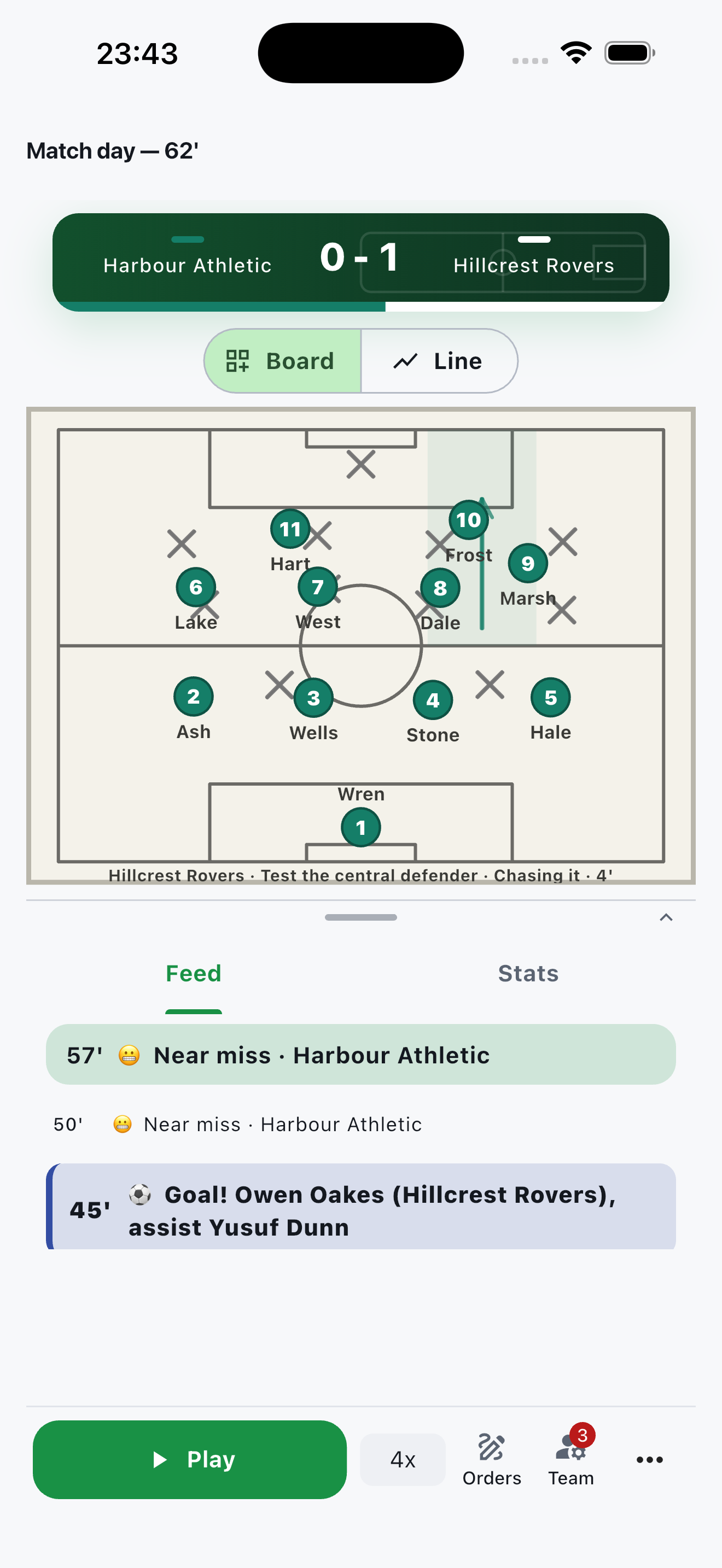 Current Simfooty match board with player magnets, a live score and the match feed