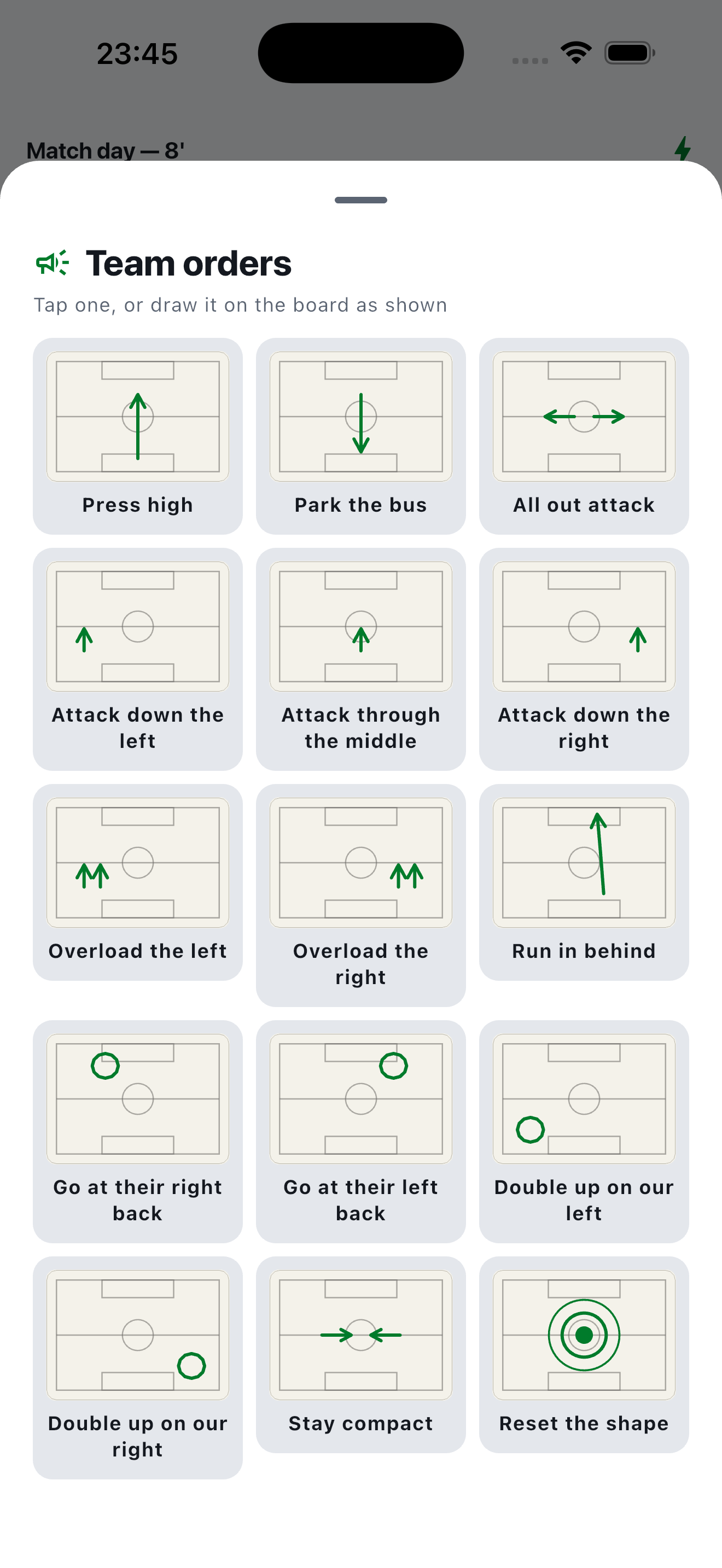 Current Simfooty team orders showing the gestures for pressing, defending and attacking